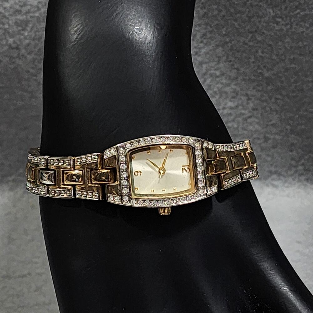 Vintage George Women's Rectangular Face Watch Silver Gold Tone Band Rhinestones